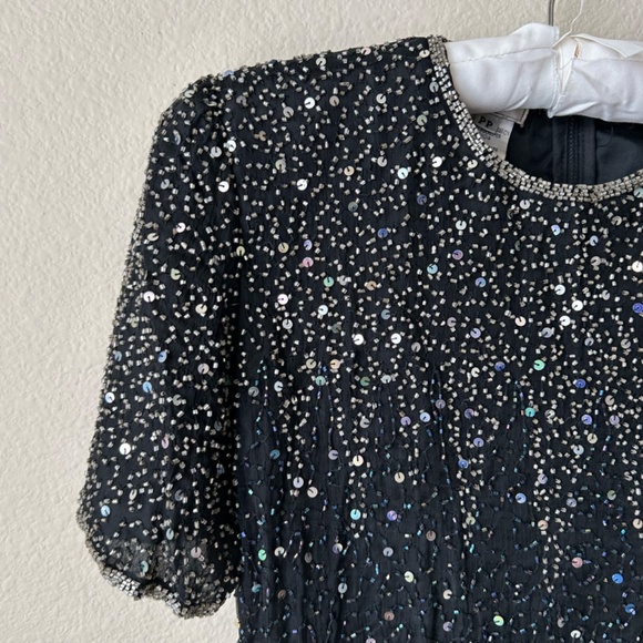 Black Beaded Top Short Sleeve Silver Sequins Bead Trim  Vintage Size Petite PP - Picture 2 of 13